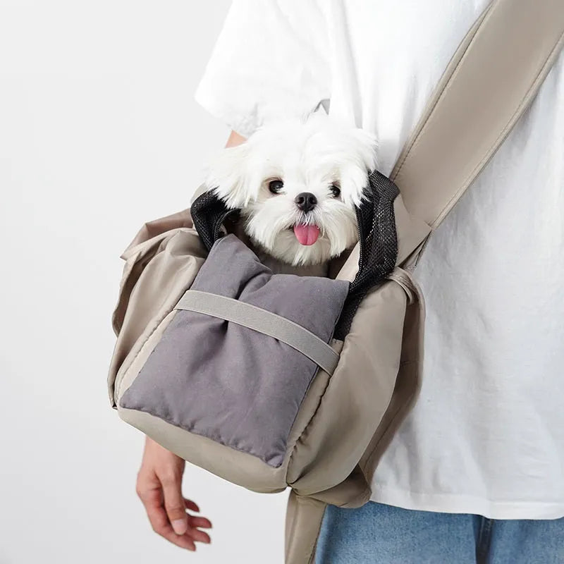 Apricot cloth pet handbag measuring 41cm long for carrying small dogs or cats