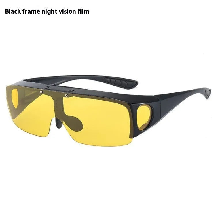 A pair of polarised sunglasses for myopia with one-piece lenses, shown in a colour option like black or green.