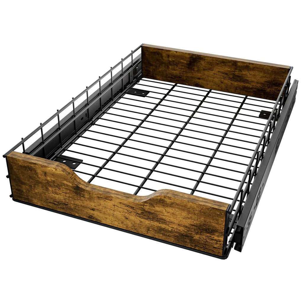 Black household storage basket drawer with wood and iron construction for kitchen organisation