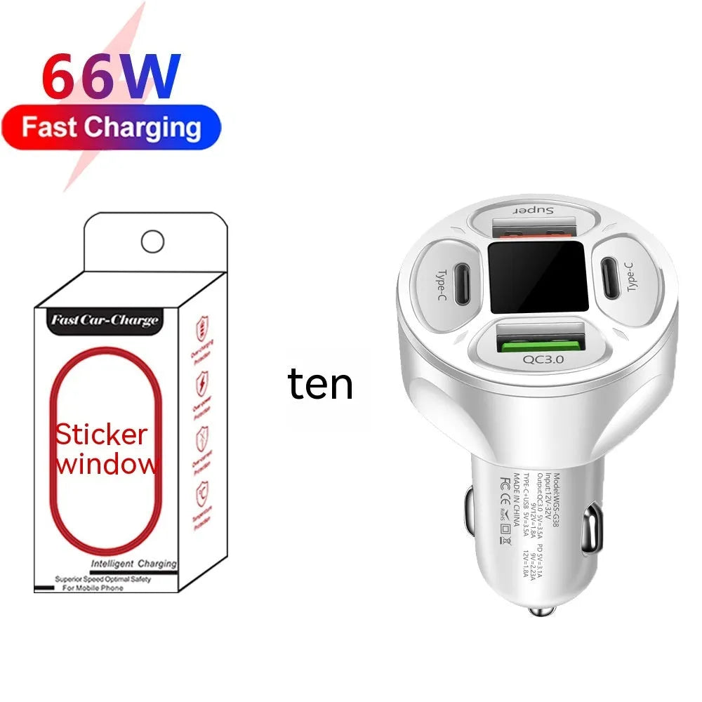 66W dual USB dual Type-C digital display car charger with compact black design