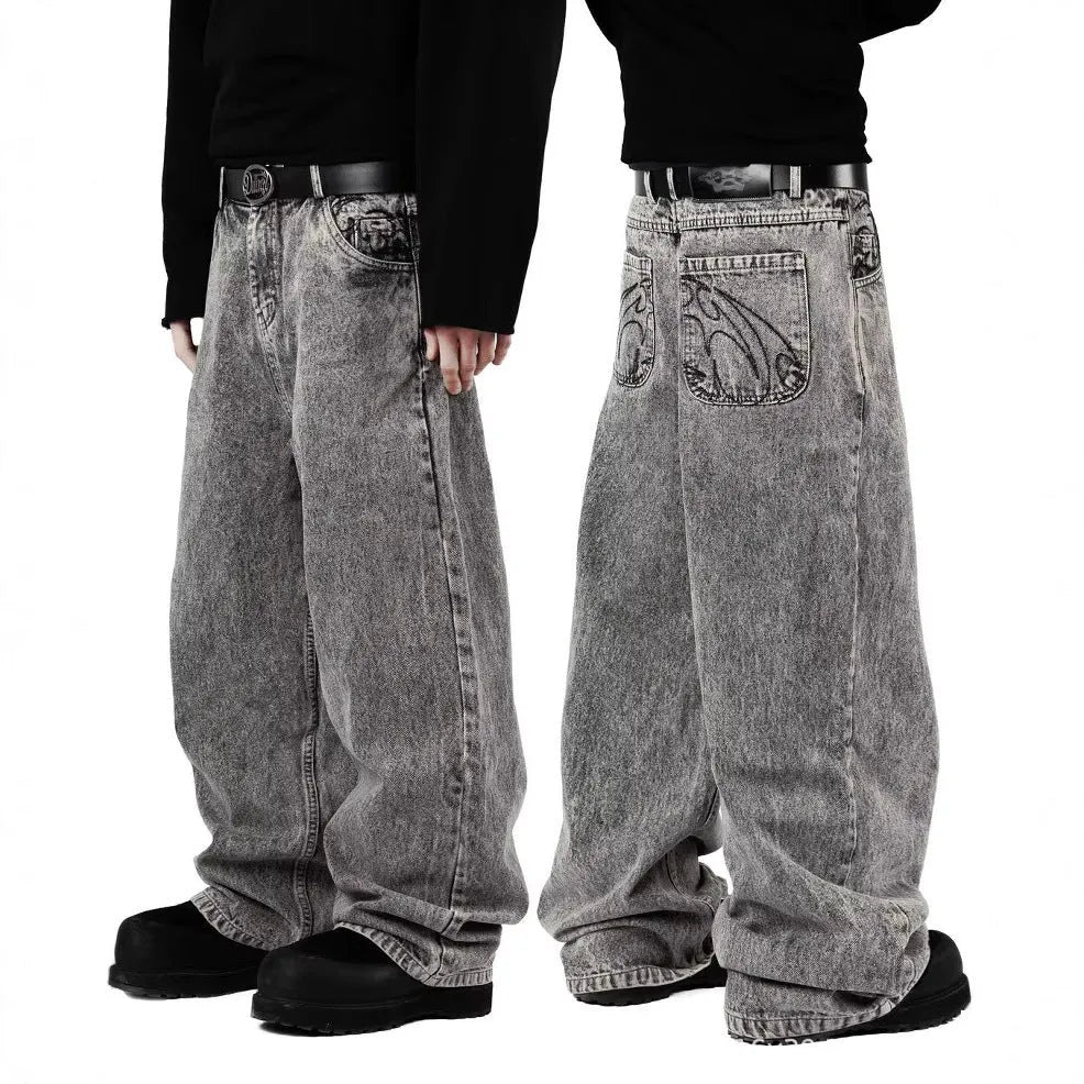 Grey loose straight-leg denim trousers for men and women with mid-waist design