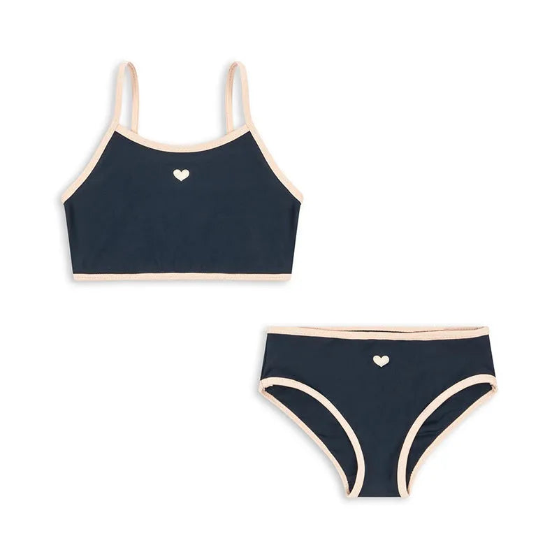 Dark blue baby split swimsuit for girls with high elasticity lycra lining, sizes 90cm to 130cm.