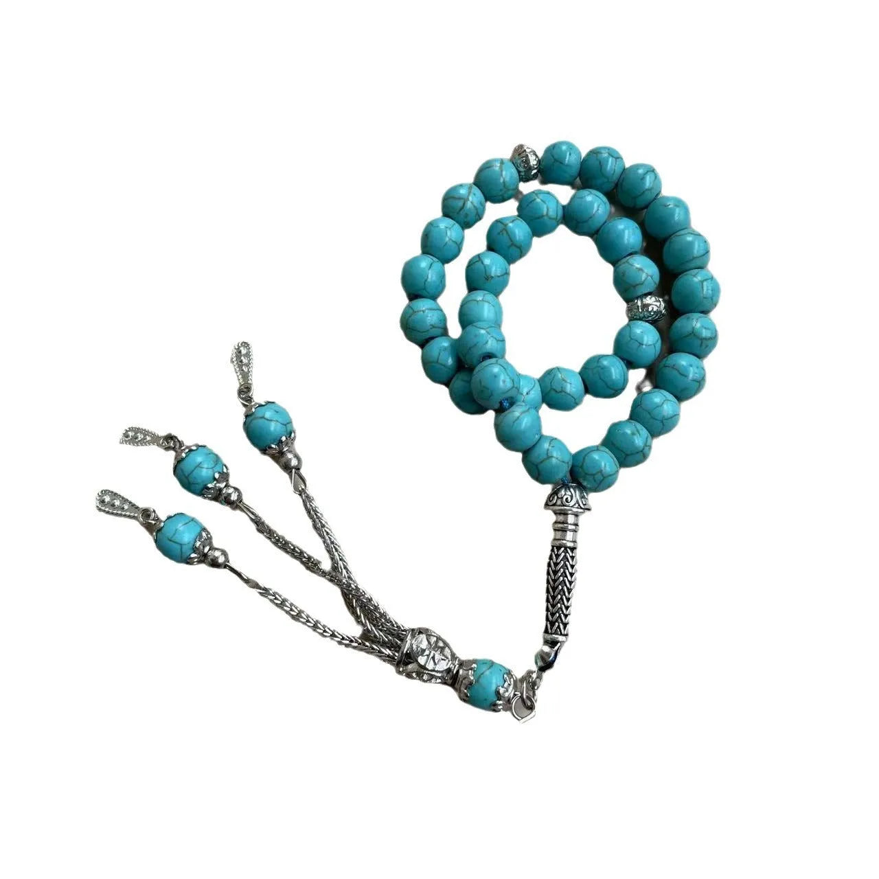 Sky blue stone bead Muslim prayer bracelet on wrist, handmade with elasticated cord.