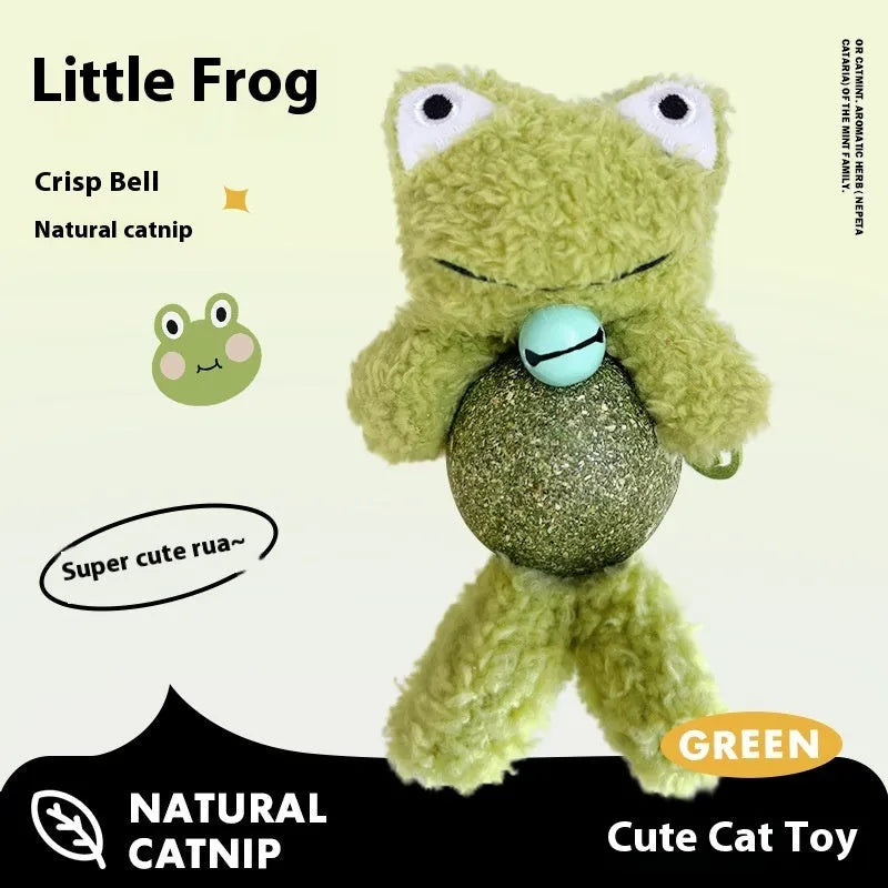 Plush catnip ball toy with bell, showing Brown Bear design next to a 4cm mint ball.