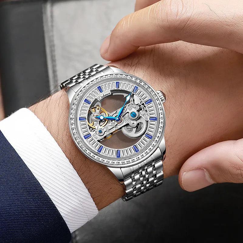 Men's mechanical watch with transparent case back showing movement, onion crown and leather strap
