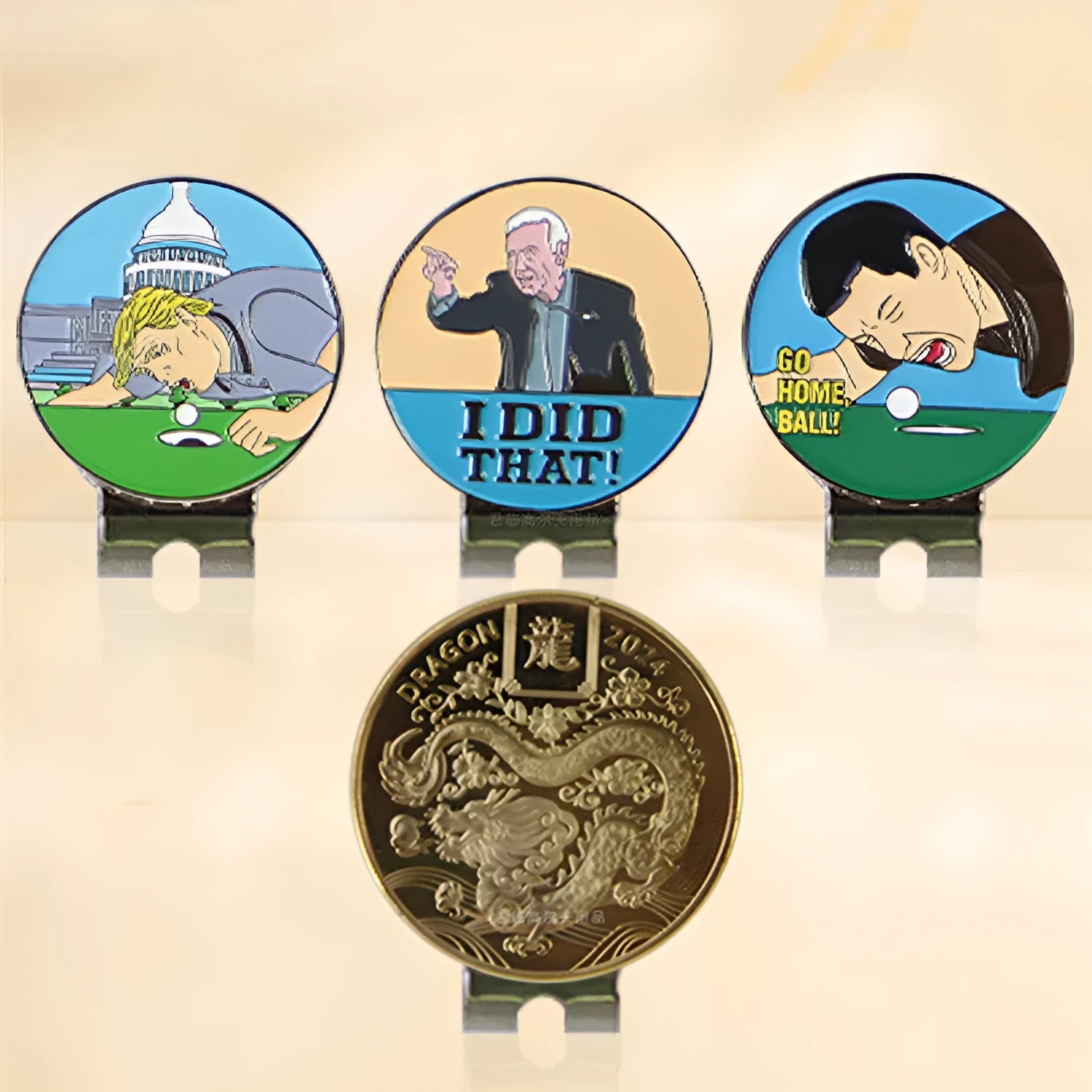 Zinc alloy golf hat clip with laser-engraved Dragon Year pattern for tournament identification