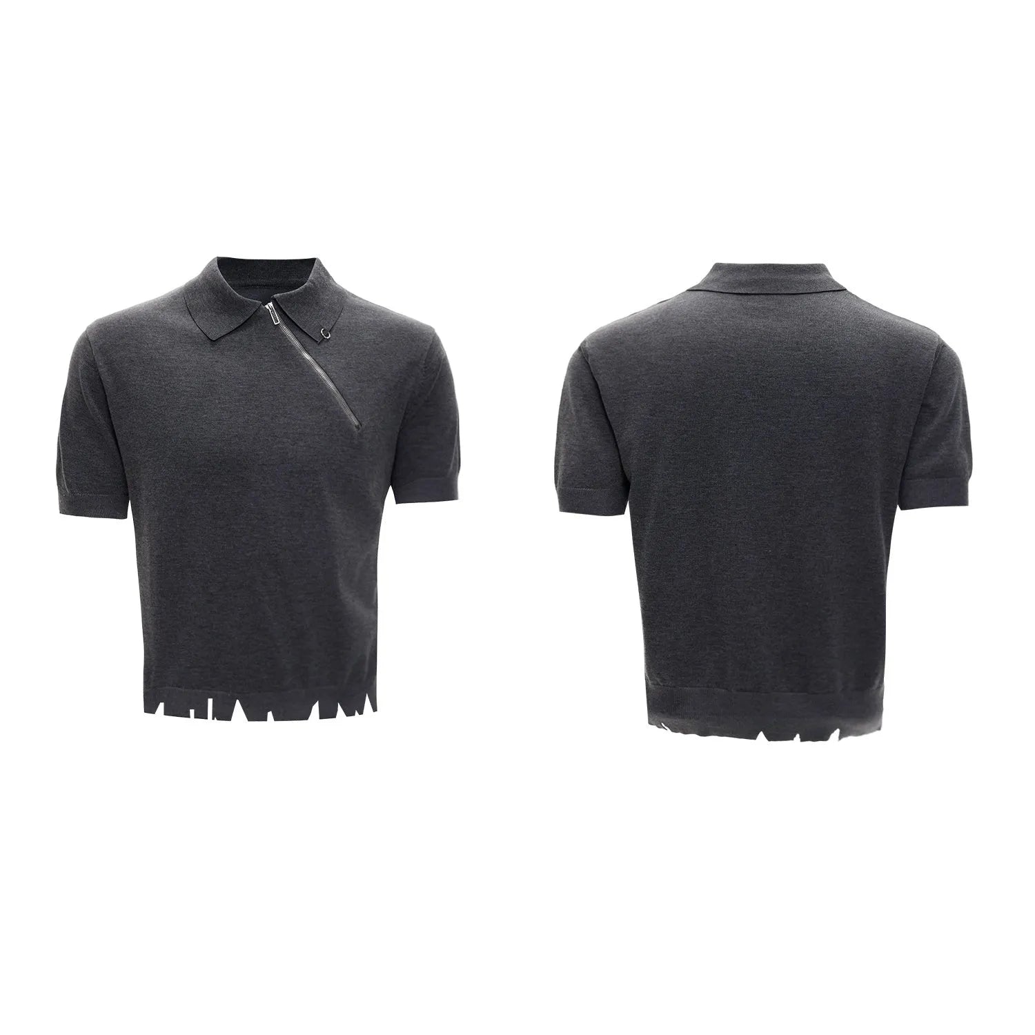 Man wearing a slim-fit black knitted polo shirt with a diagonal zip on the lapel collar.