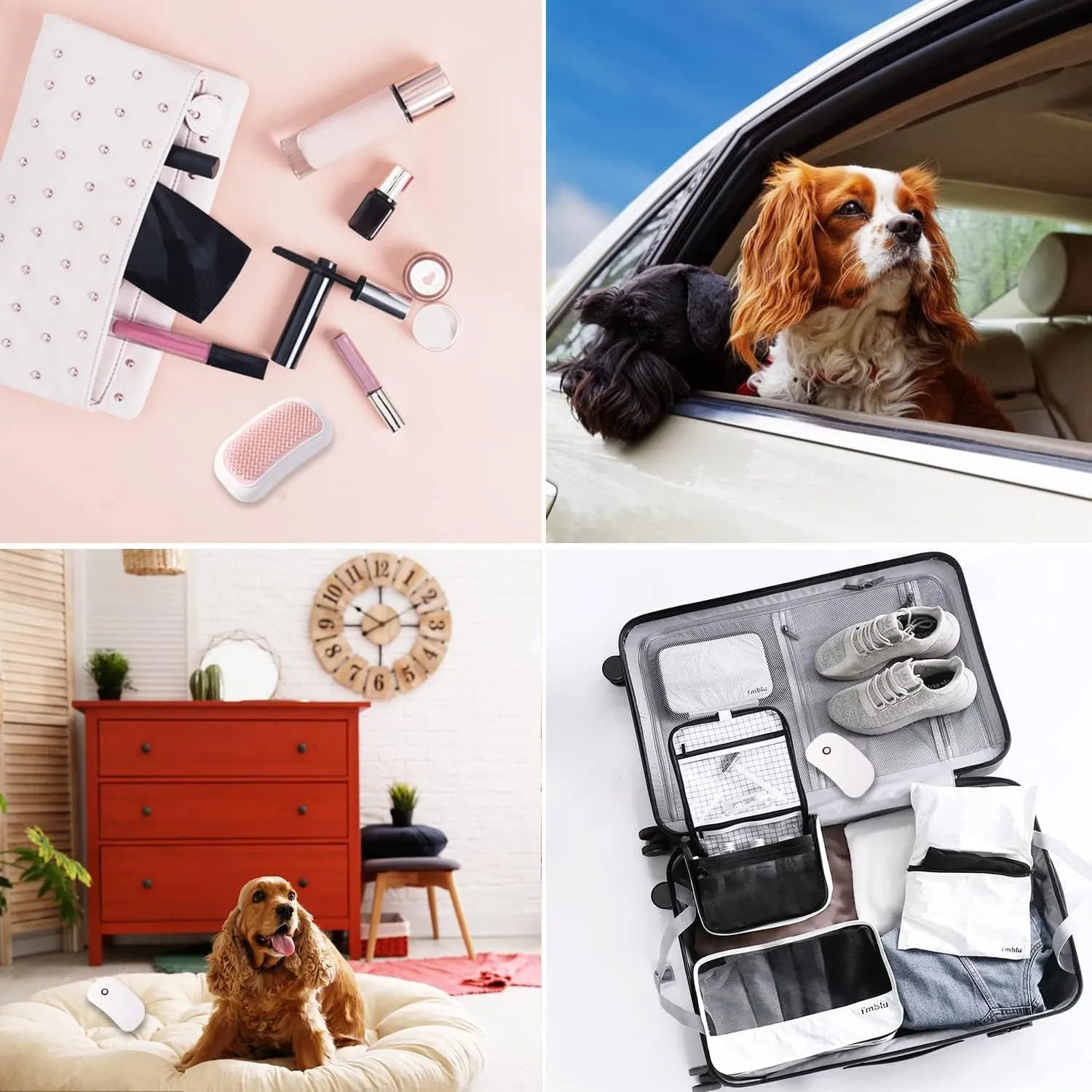 Pink handheld electric pet massage brush with soft white teeth on a table.