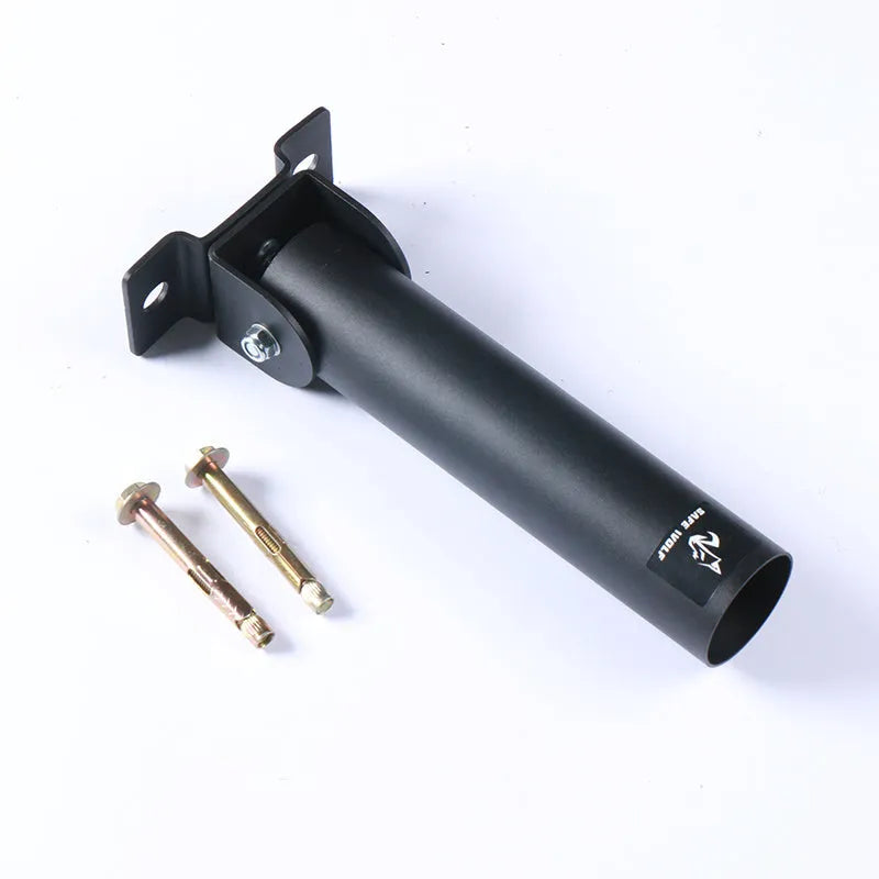 Steel wall-mounted barbell gun barrel rack holding multiple rods.