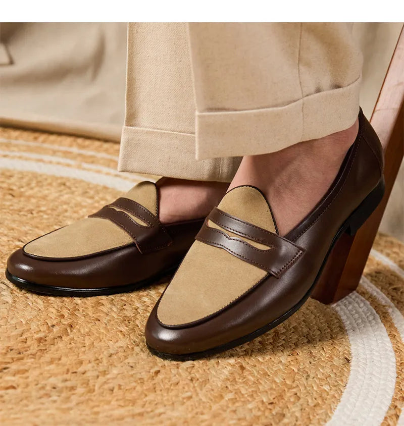 Coffee grey suede loafers with high-gloss finish and slip-on design