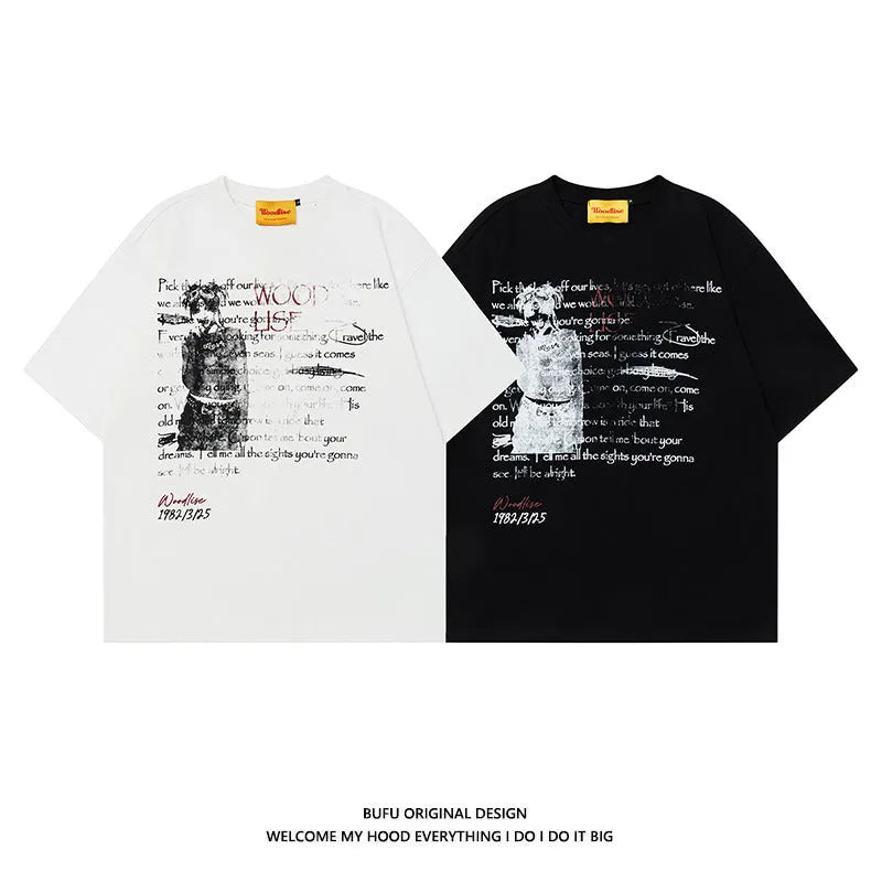 Men's black loose retro t-shirt with white letter print and short raglan sleeves.
