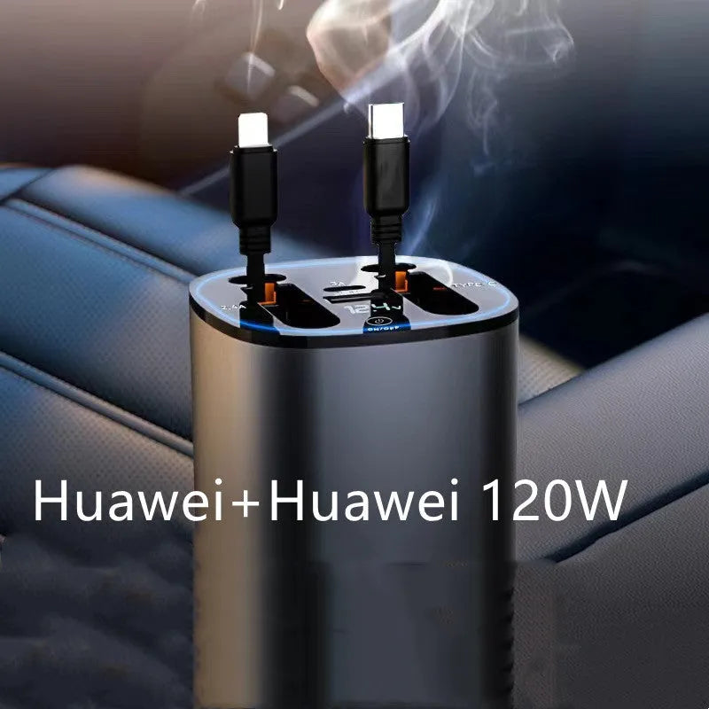 Automatic retractable car charger with four USB ports plugged into a vehicle cigarette lighter socket.