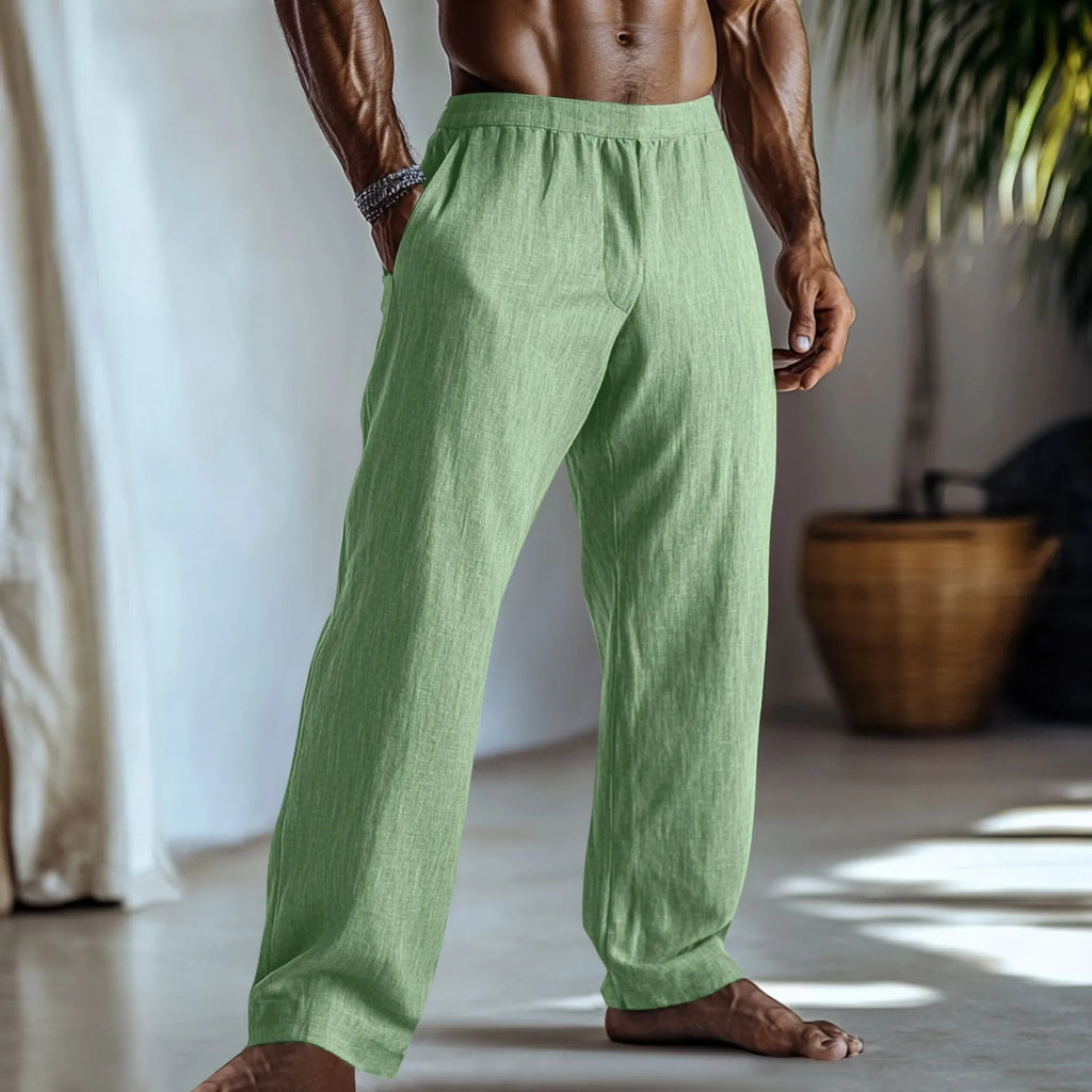Cotton and linen straight-leg trousers in light green colour with multiple pockets and straight leg opening