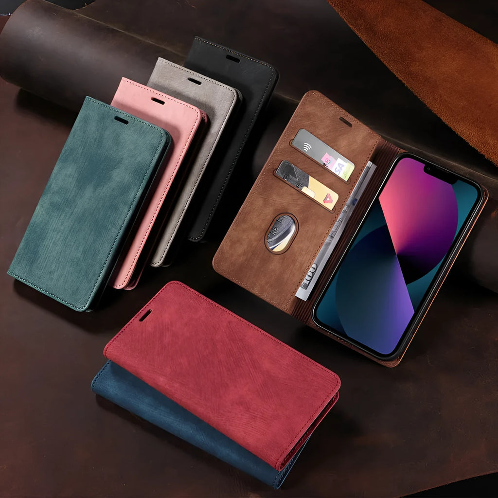 Magnetic flip iPhone case in black with TPU leather construction and magnetic closure flap
