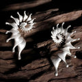Matte finish three-dimensional conch-shaped alloy drop earrings on a plain background.