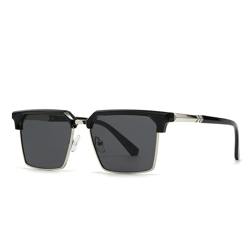 Men's square sunglasses with plastic frame in six colour options on a white background.