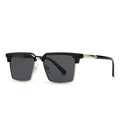 Men's square sunglasses with plastic frame in six colour options on a white background.