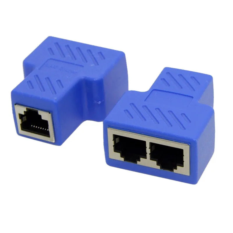 White RJ45 network cable splitter with one male and two female connectors