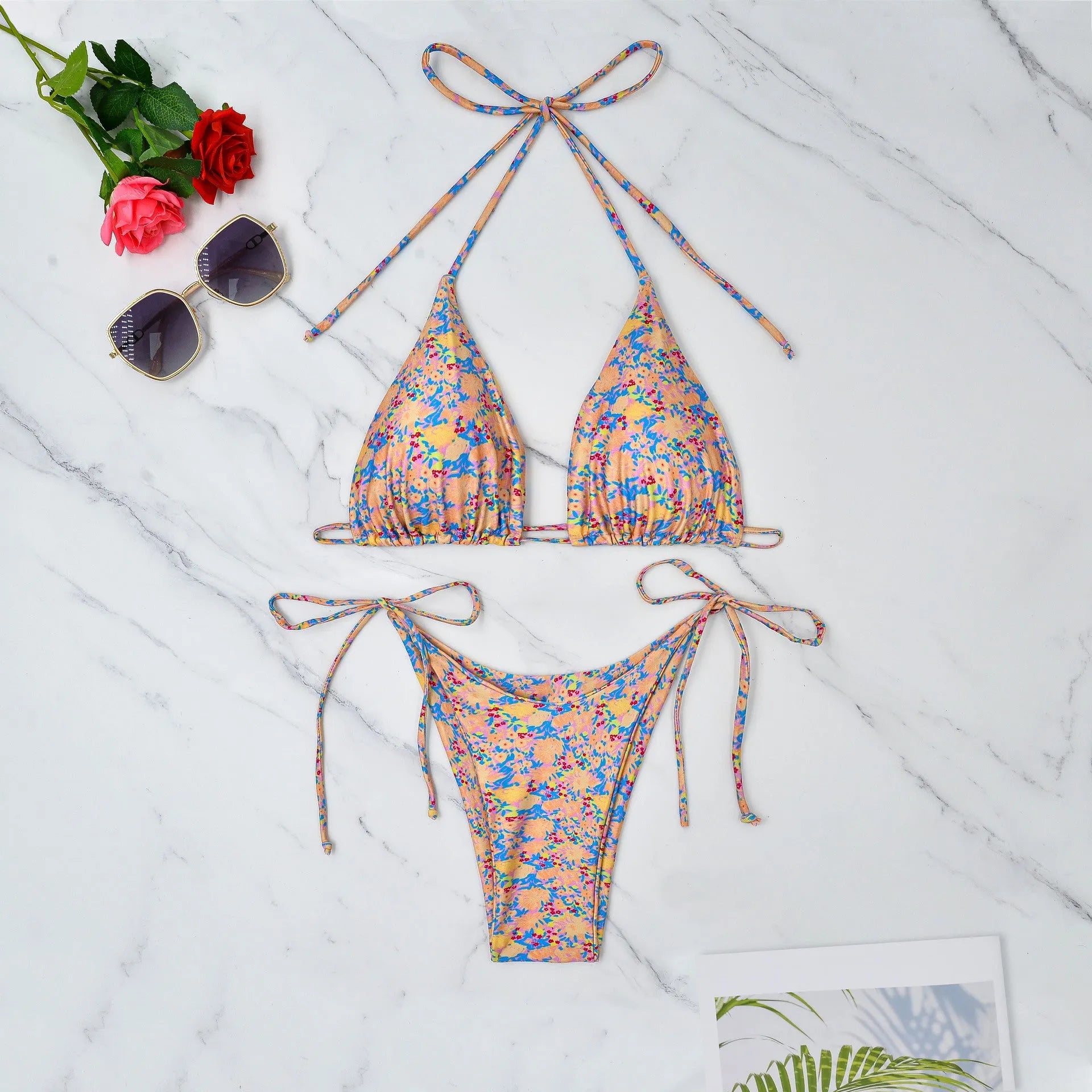 Lace-up split cup bikini swimsuit in European style with backless design for swimming sports