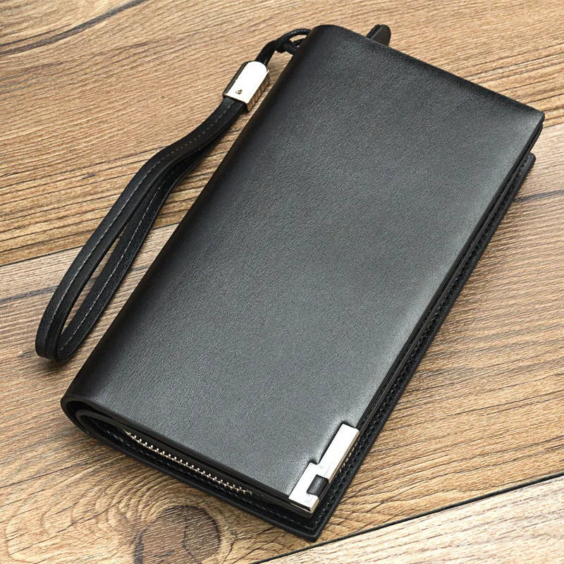 Men's black PU leather wallet with a long silver zip closure.
