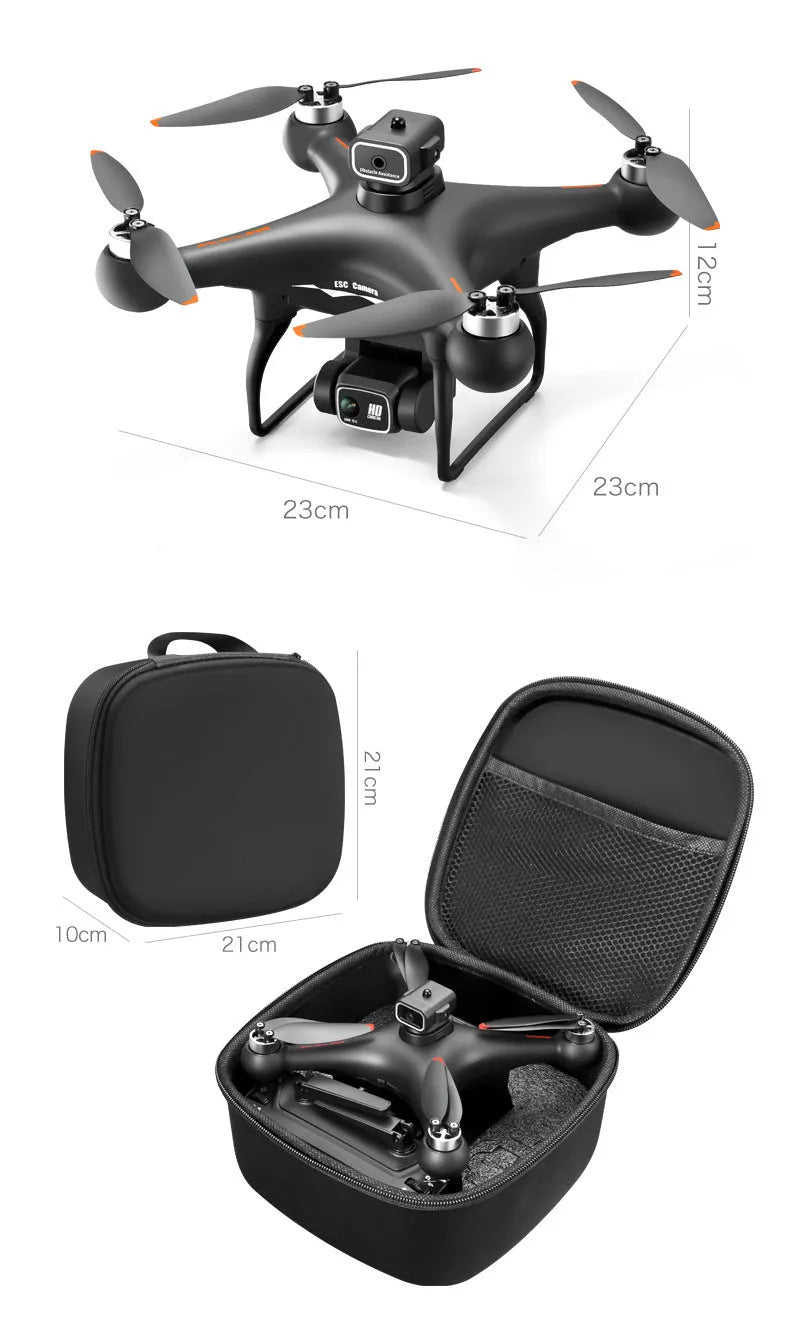 Black S116 brushless quadcopter drone with four rotors and a dual HD camera on a white background