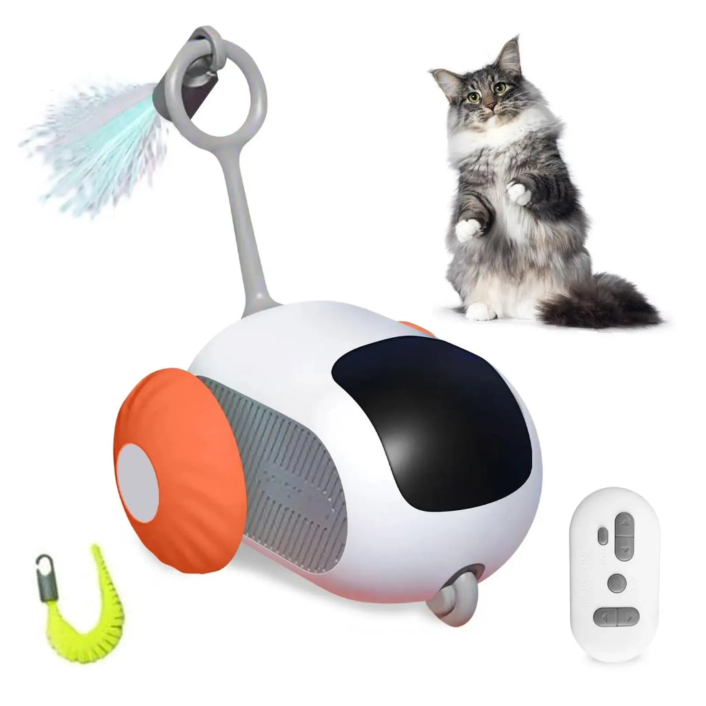 Blue and orange smart cat toy car with remote control and feather teaser attachment