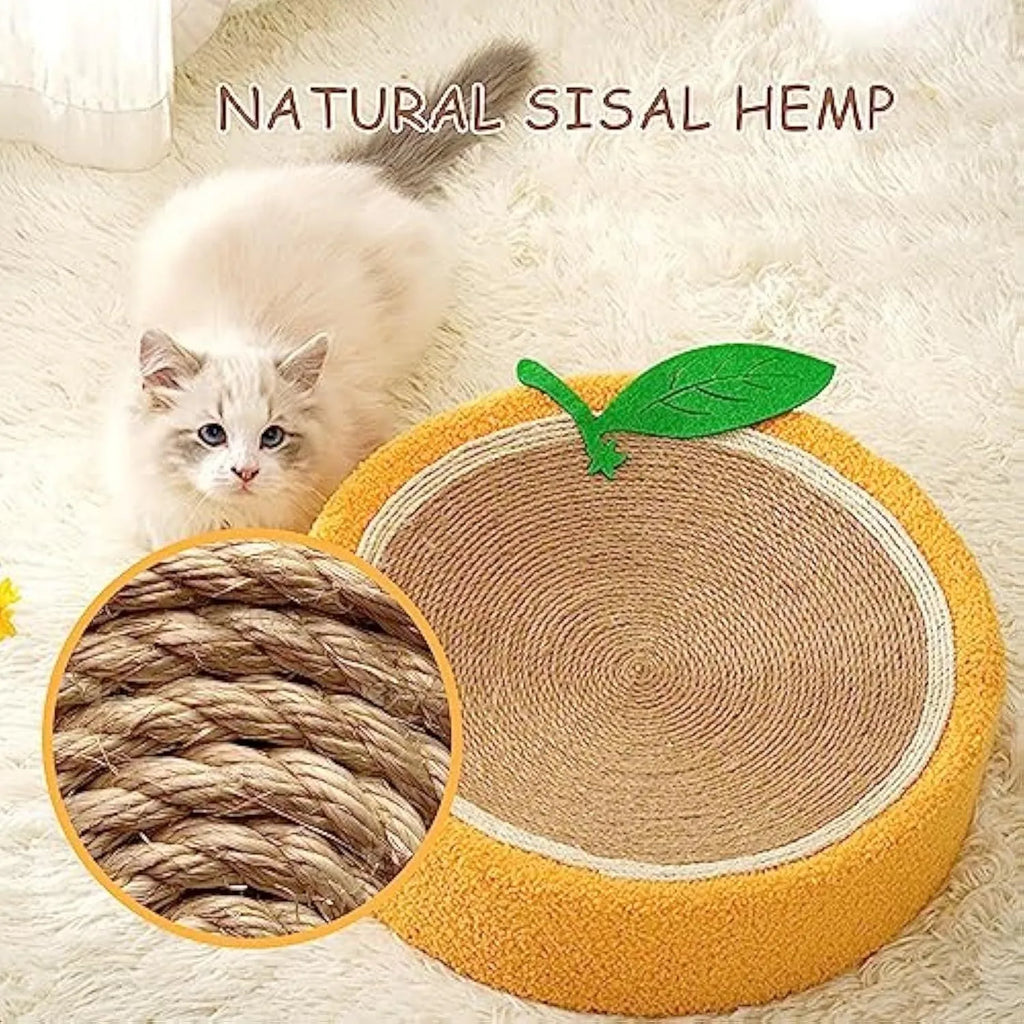 Yellow circular cat scratching board with sisal surface and central sleeping area