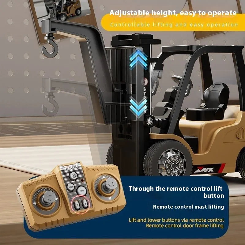 1:64 scale silver alloy remote control forklift toy with cargo hook on a pallet.