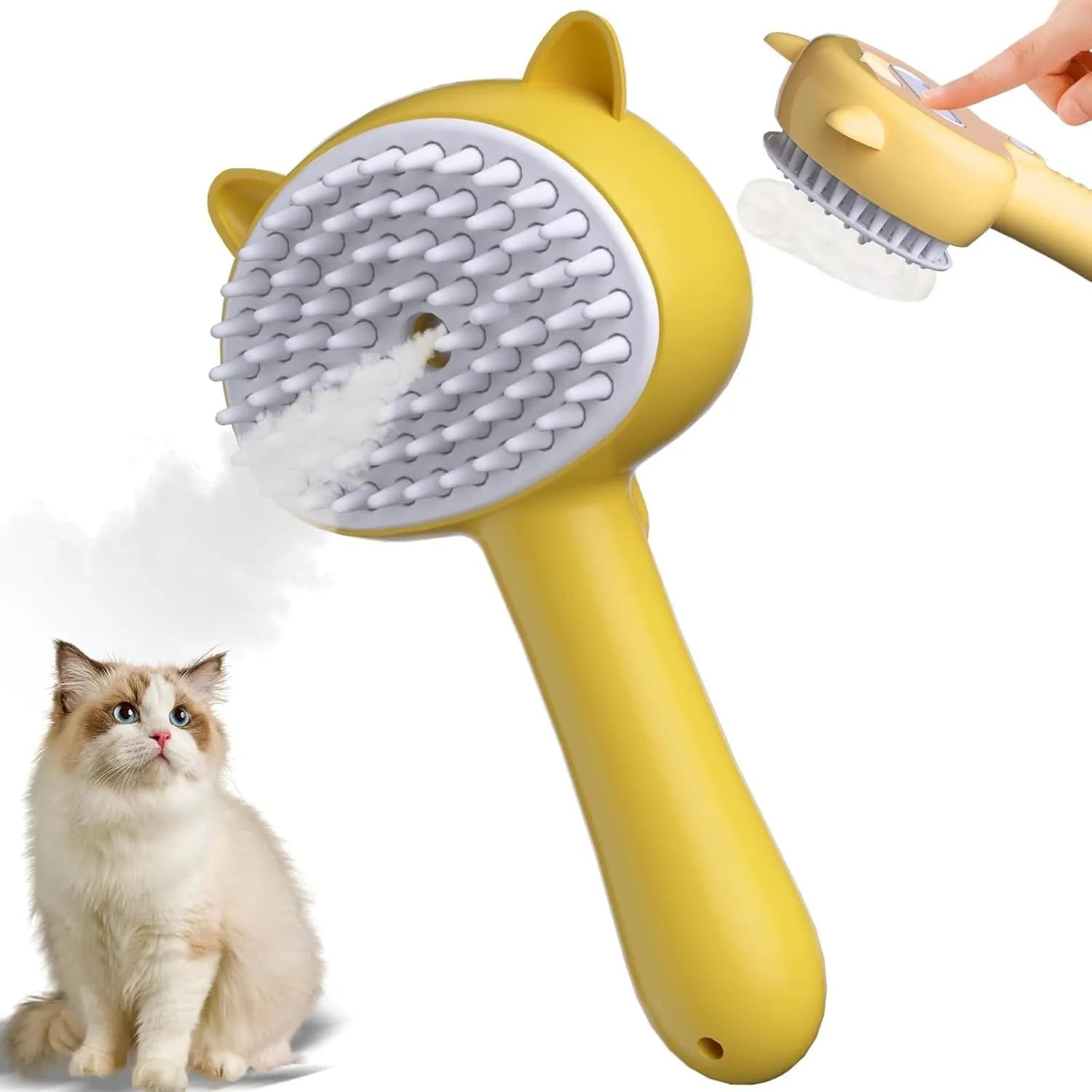 Blue cat ear-shaped pet grooming brush with rubber bristles and misting function
