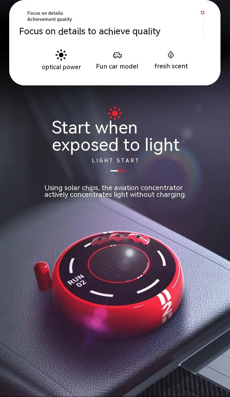 Round car shaped solar aromatherapy decoration for vehicle interiors in black, red or white colours