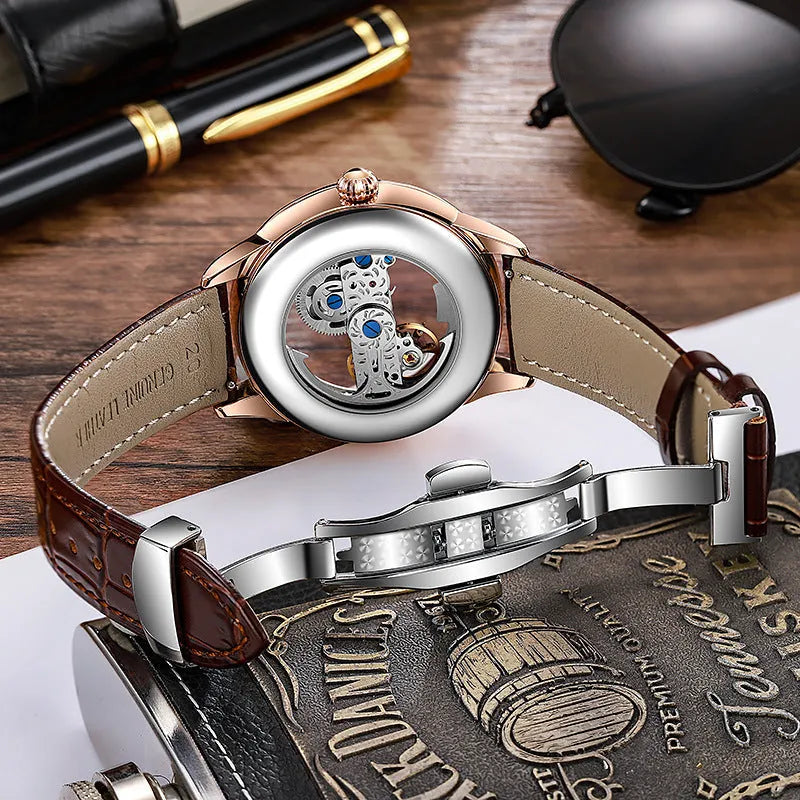 Men's mechanical watch with transparent case back showing movement, onion crown and leather strap
