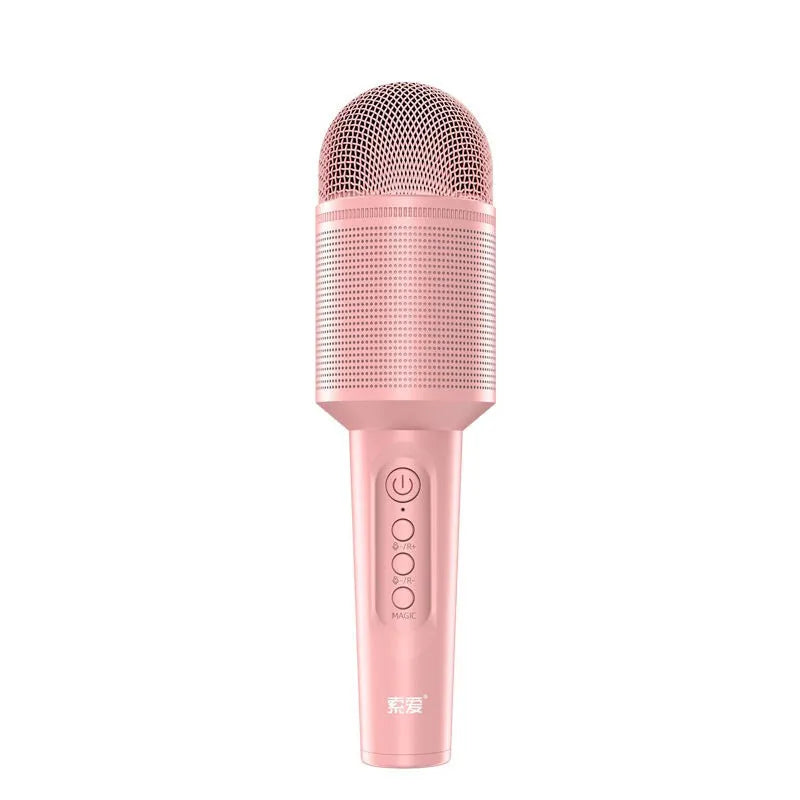Wireless Bluetooth karaoke microphone in pink, blue, and green colours with USB connectivity
