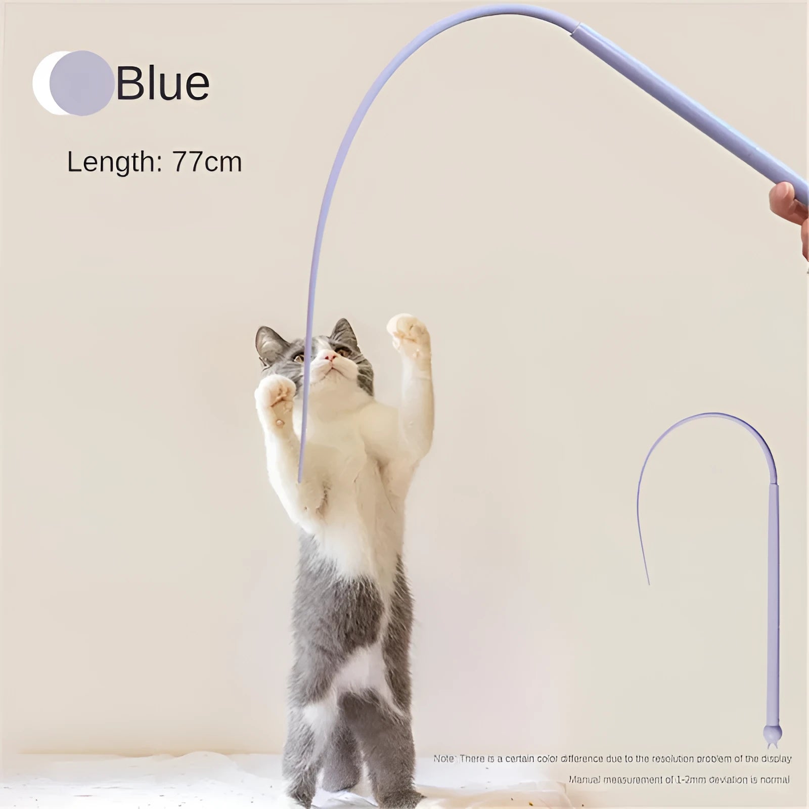 Blue silicone mouse tail cat teaser toy with 80cm stick and cat-head handle