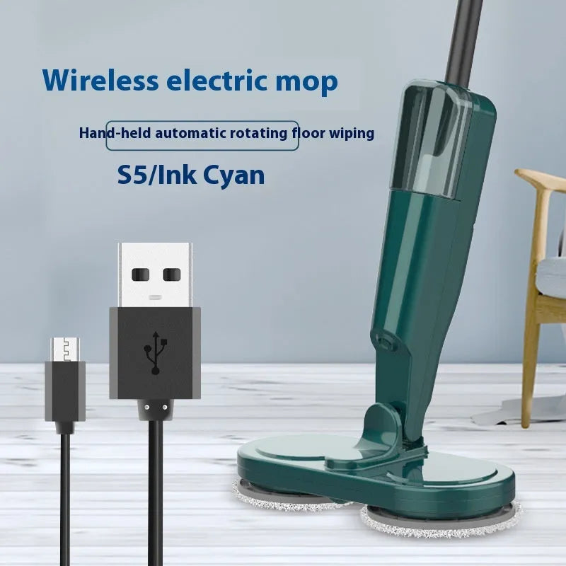 S5 Green and S5 White wireless sweeping and mopping all-in-one machine with USB charging cable.