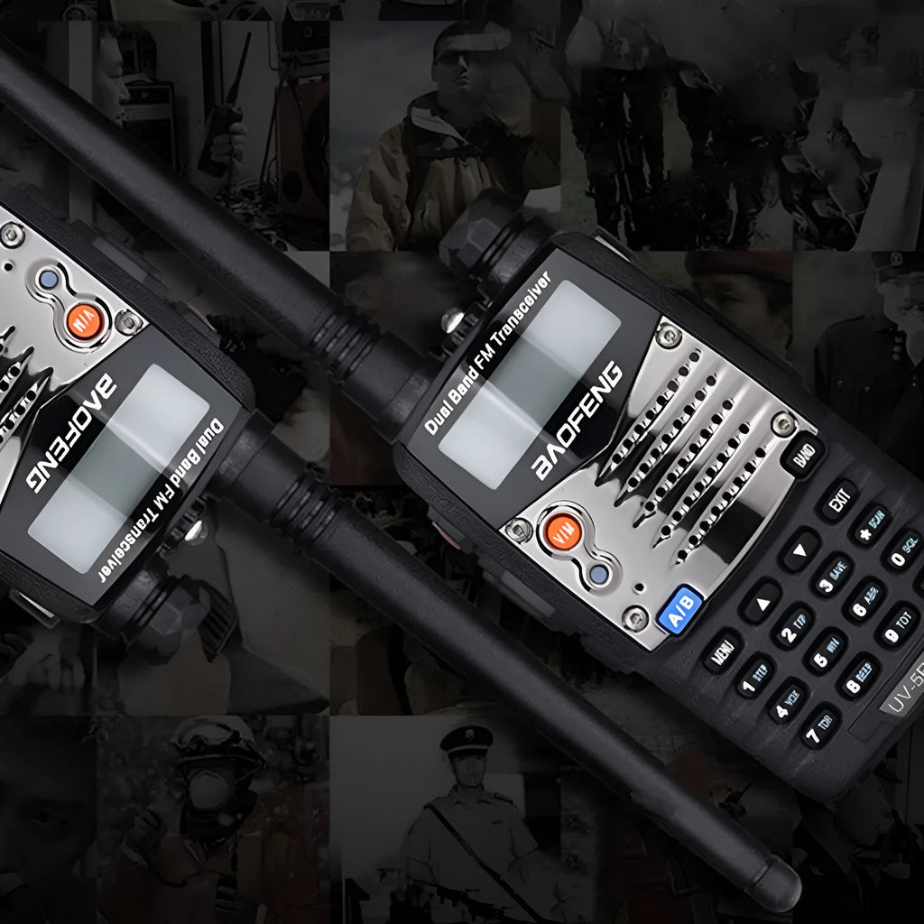 Baofeng UV-5RA handheld dual-band two-way radio with dual display.