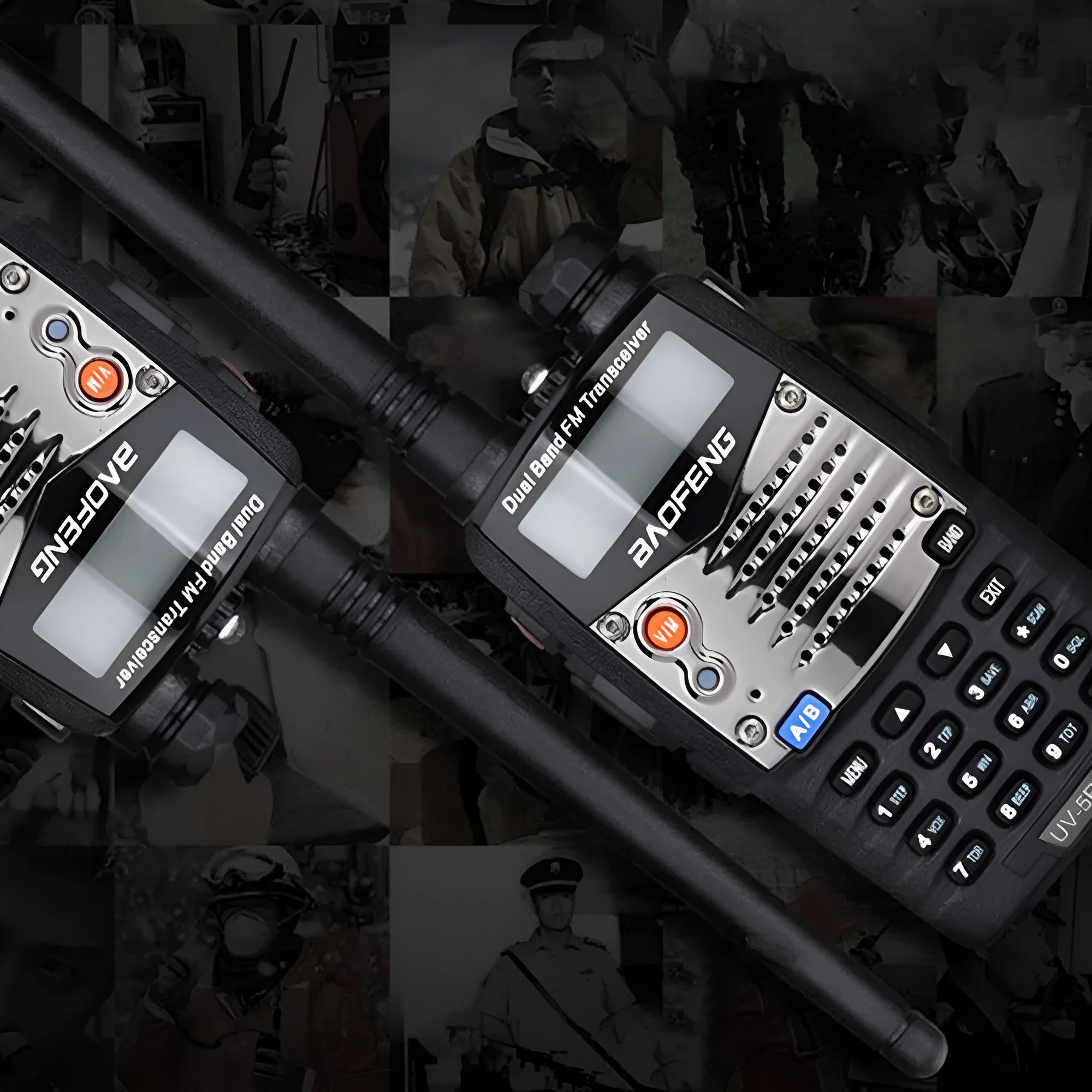 Baofeng UV-5RA handheld dual-band two-way radio with dual display.
