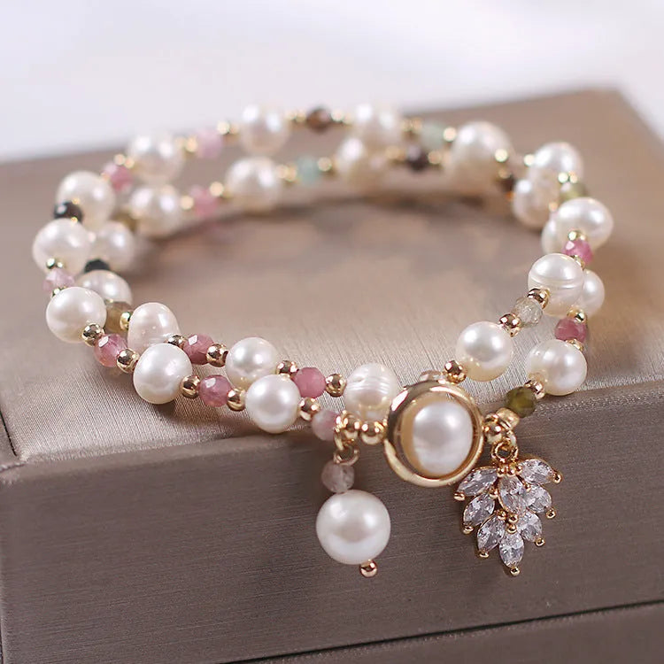 Women's double layer crystal bracelet with red cat's eye flowers and lucky cat charm in fairy style design
