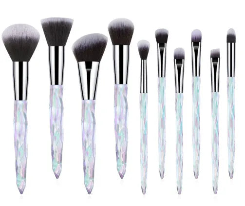 Ten clear crystal diamond-handle foundation brushes with synthetic bristles in four colour options