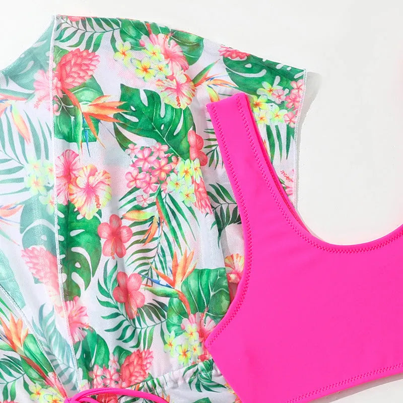Girls' two-piece swimsuit with Korean floral pattern in high elasticity polyester fabric