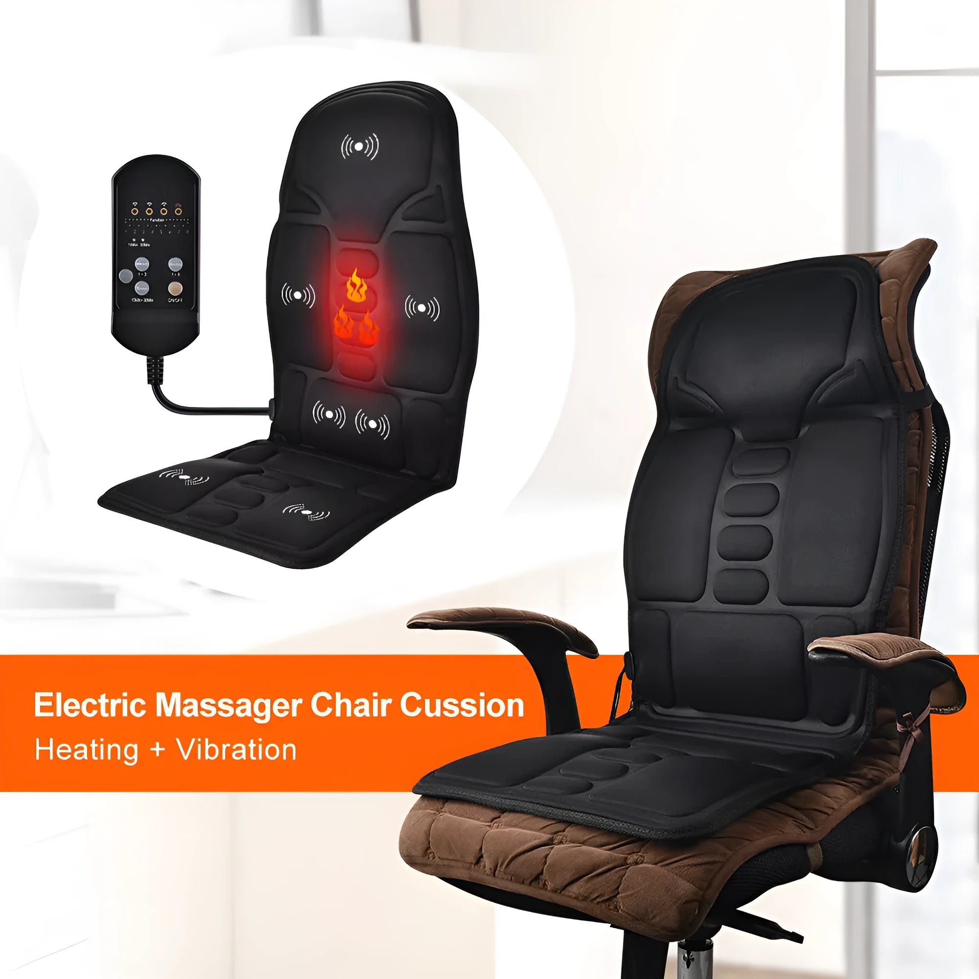 Black electric cervical massager with wireless remote control in OPP bag packaging