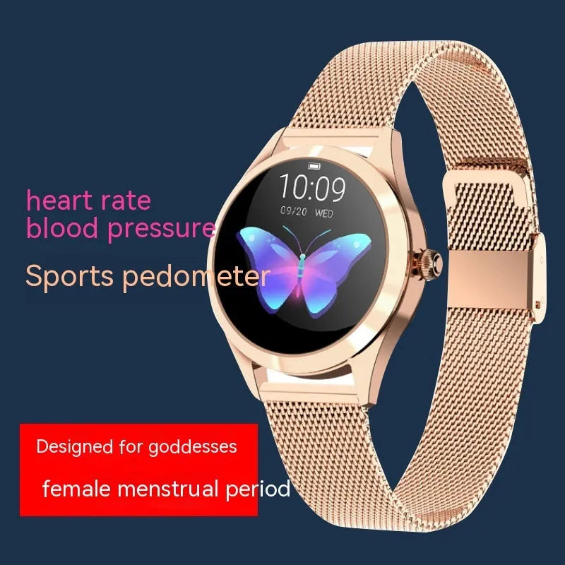 Women's multi-functional sports smartwatch in black, rose gold, silver, or white on a wrist.