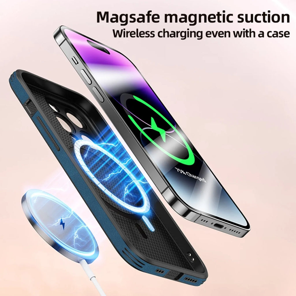 iPhone 16 magnetic charging case with a 3D embossed brown moose head design on black imitation leather.