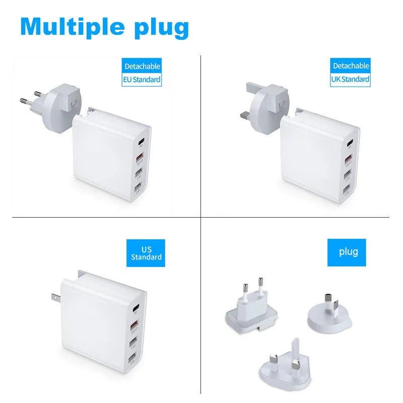 Multi-port mobile phone fast charger with PD and QC technology in black ABS plastic housing