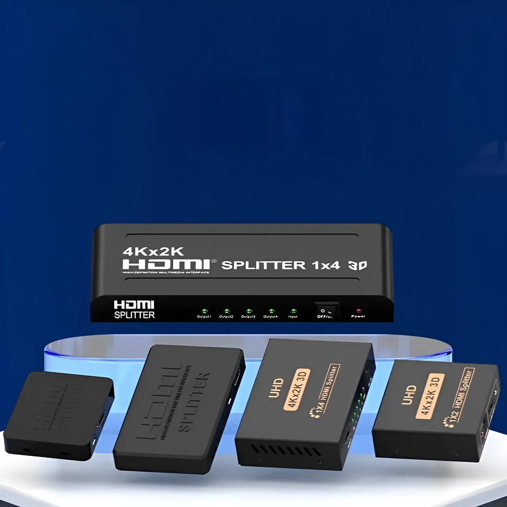 HDMI distribution splitter with one input and two output ports for dual display setups
