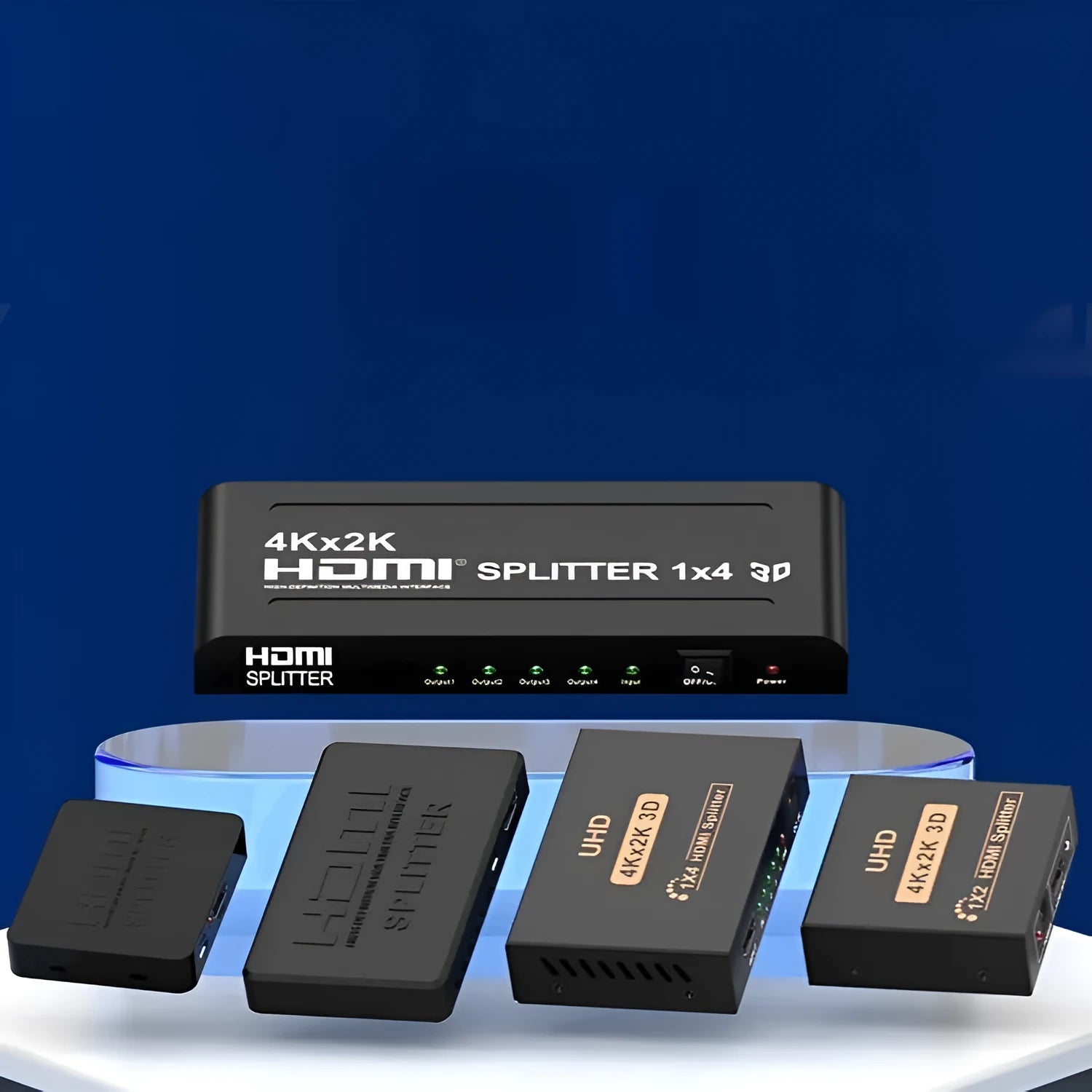 HDMI distribution splitter with one input and two output ports for dual display setups