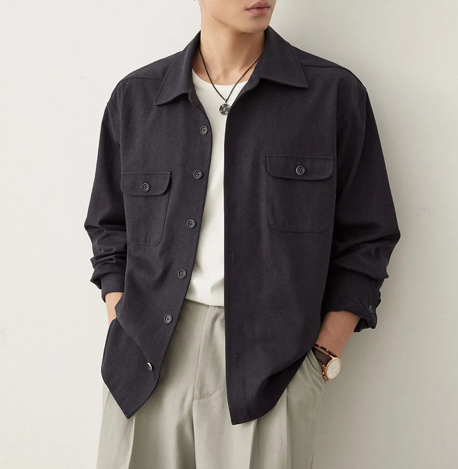 Men's light sand rice coloured casual shirt with long sleeves and a simple lapel design.