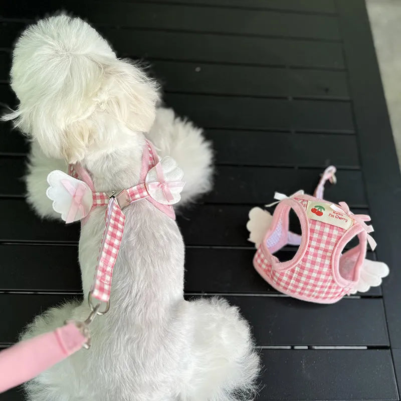 Cotton chest and back harness for small dogs in black and pink colours with adjustable sizing