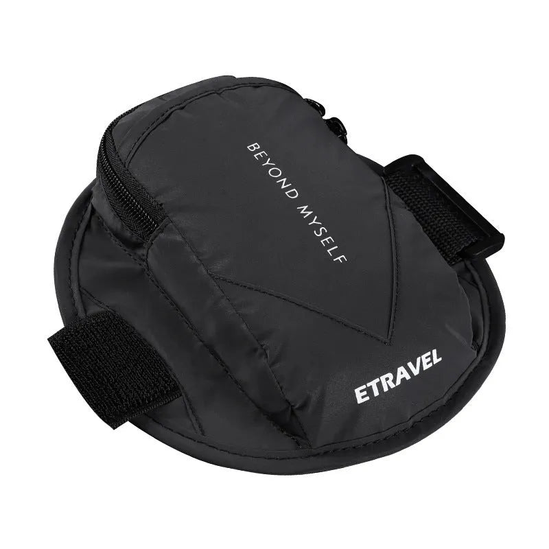 Reflective running arm bag with 7-inch capacity in fluorescent yellow, black, and silver grey options