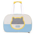 Blue outdoor portable foldable cat backpack with mesh panels, shown with a cat inside.