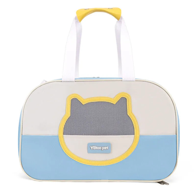 Blue outdoor portable foldable cat backpack with mesh panels, shown with a cat inside.